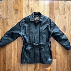 Vintage Global Identity G-III Black Leather Belted Car Coat Men's Size L